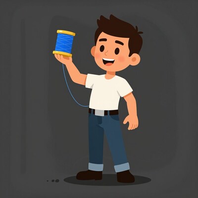 Cartoon boy holding blue thread spool