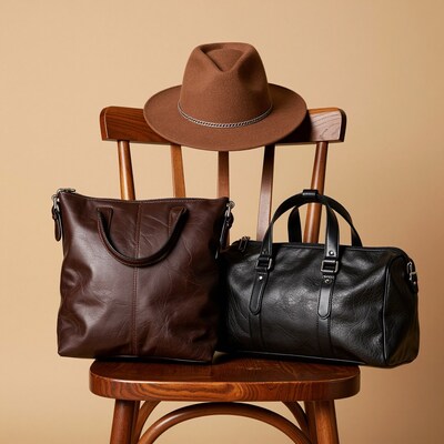 Brown hat and leather bags on wooden chair