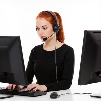 Redhead woman with headset at computer