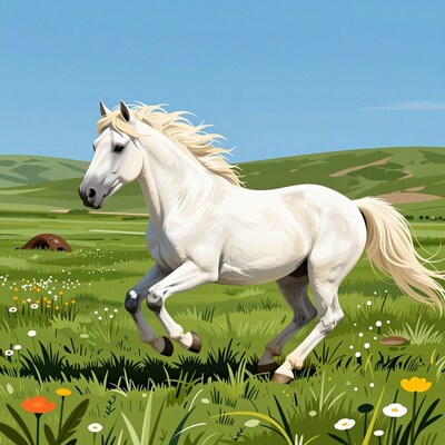 White horse galloping meadow