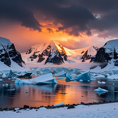 Arctic Sunset Over Icebergs