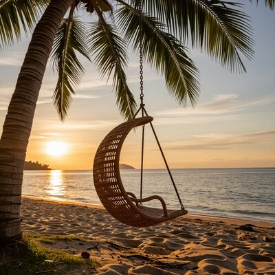 Hanging Wicker Swing on Tropical Beach at Sunset