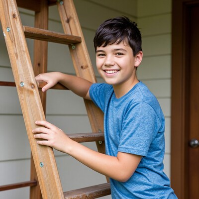 Smiling Boy on Wooden Ladder