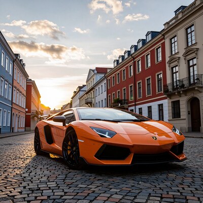 Orange Lamborghini on Cobblestone Street
