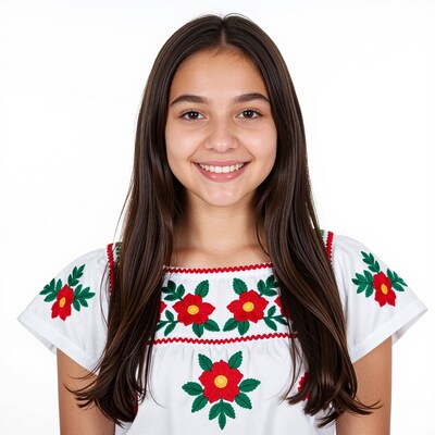 Smiling Mexican girl in white embroidered blouse