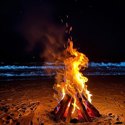 Beach Bonfire at Night