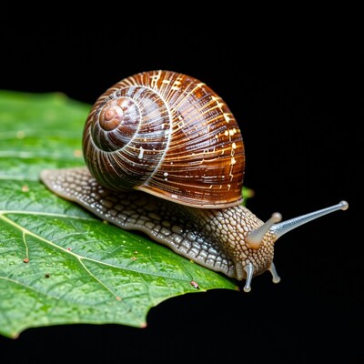 Brown Snail on Green Leaf
