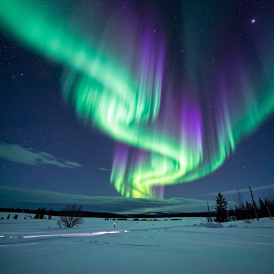 Aurora Borealis over snowy landscape