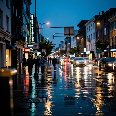 Rainy City Street at Dusk