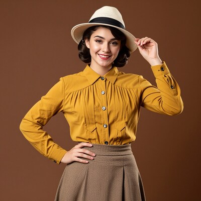 Woman in mustard blouse and fedora hat