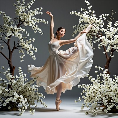 Ballerina Dancing Among White Blossoms