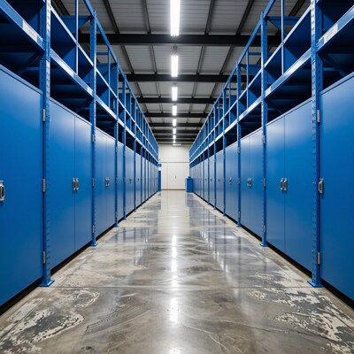 Empty Blue Warehouse Shelving Aisle