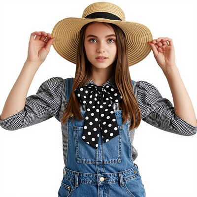 Young woman in straw hat and overalls