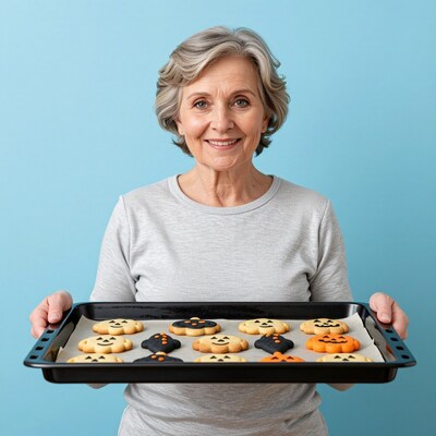 Smiling elderly woman with Halloween cookies