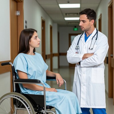 Doctor talking to patient in wheelchair