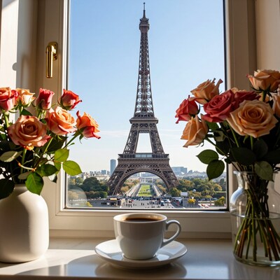 Eiffel Tower view with coffee and roses