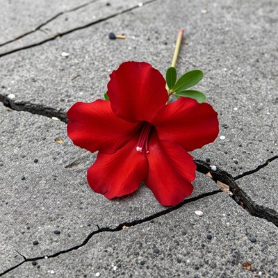 Red flower on cracked concrete