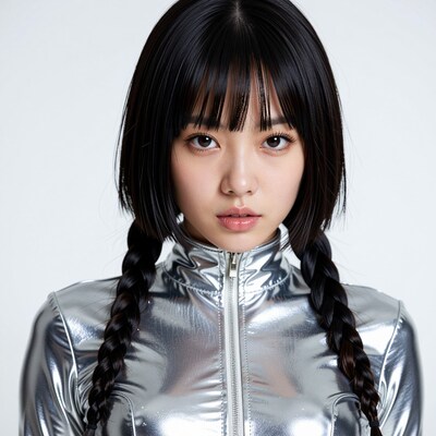 Asian woman with pigtails in silver jacket