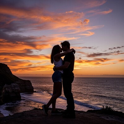 Couple kissing at sunset cliff