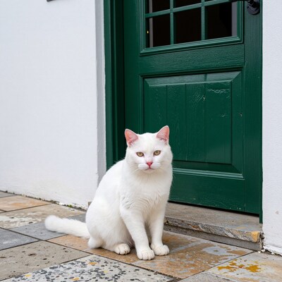 White cat sitting by green door