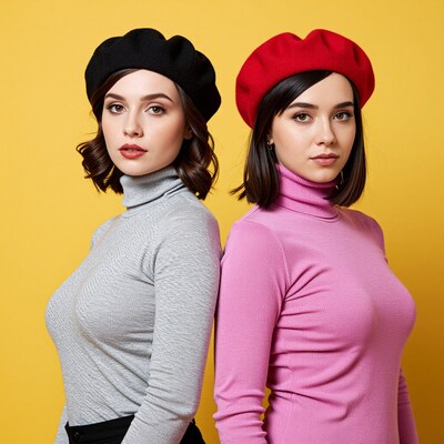 Two women in black and red berets