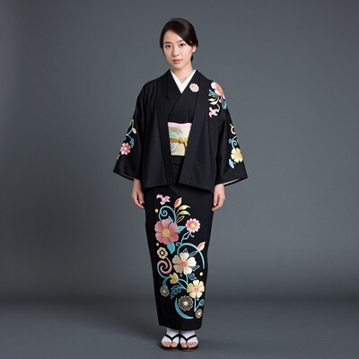 Japanese woman in black floral kimono