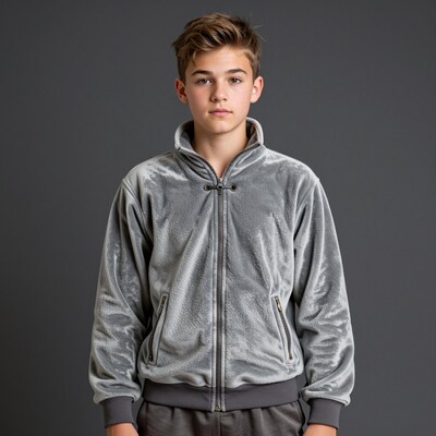 Teen boy in gray velour jacket