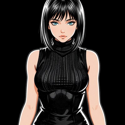 Black-haired woman in black turtleneck