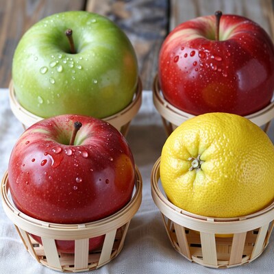 Fresh Apples and Grapefruit in Baskets