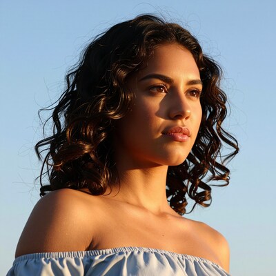Young woman with curly hair at sunset