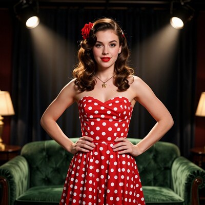 Woman in red polka dot dress
