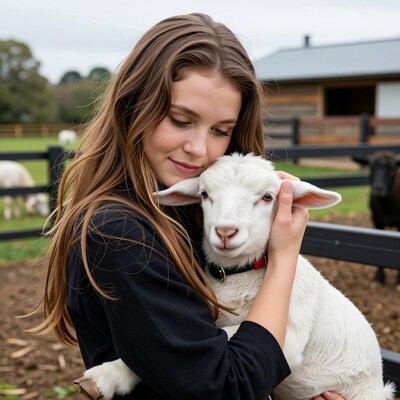 Woman hugging white lamb