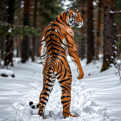 Anthropomorphic Tiger in Snowy Forest