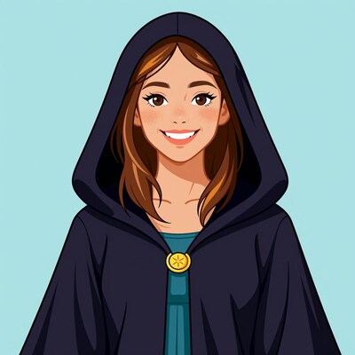 Smiling female wizard in hood