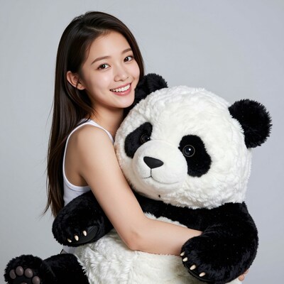 Asian woman hugging giant panda teddy