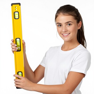 Young woman holding yellow spirit level