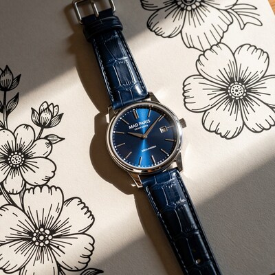 Blue Leather Watch on Floral Background