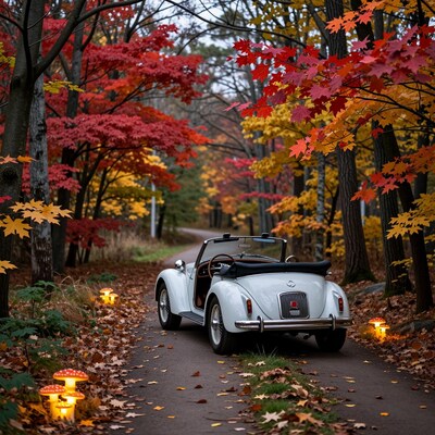 Vintage White Convertible in Autumn Forest