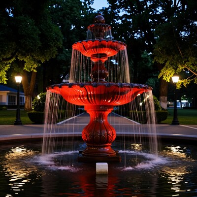 Red illuminated fountain at dusk
