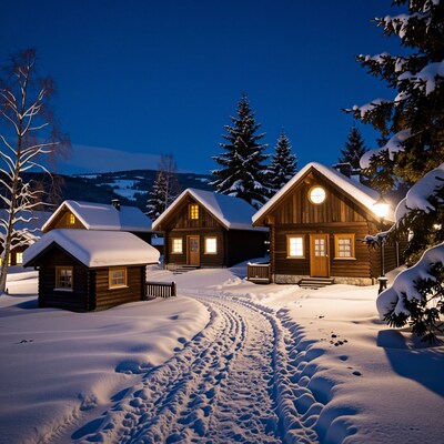 Snowy Winter Cabins at Night