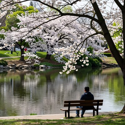 Man on bench cherry blossoms lake