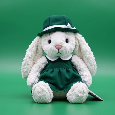 White stuffed bunny in green dress and hat