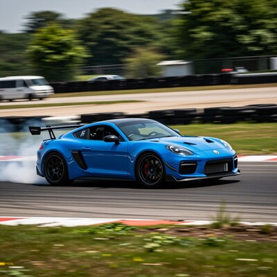 Blue Porsche GT4 drifting on racetrack