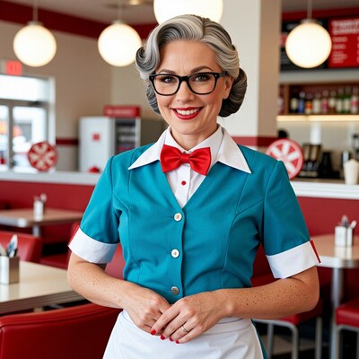 Smiling older waitress in retro diner