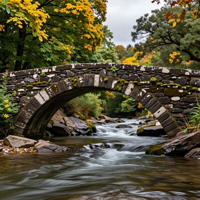Stone Arch Bridge in Autumn Forest
