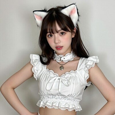 Asian girl in white cat ears