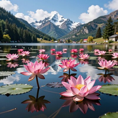 Pink Lotus Flowers on Mountain Lake