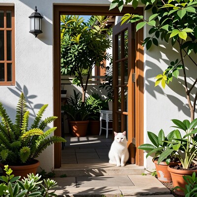 White Cat at Sunny Garden Door