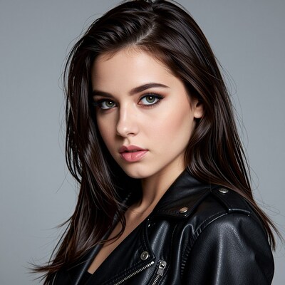 Woman in black leather jacket