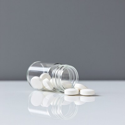 White pills spilling from glass bottle
